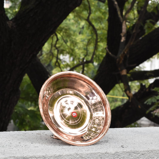 Copper plate with a reflective interior on a stone surface with trees in the background