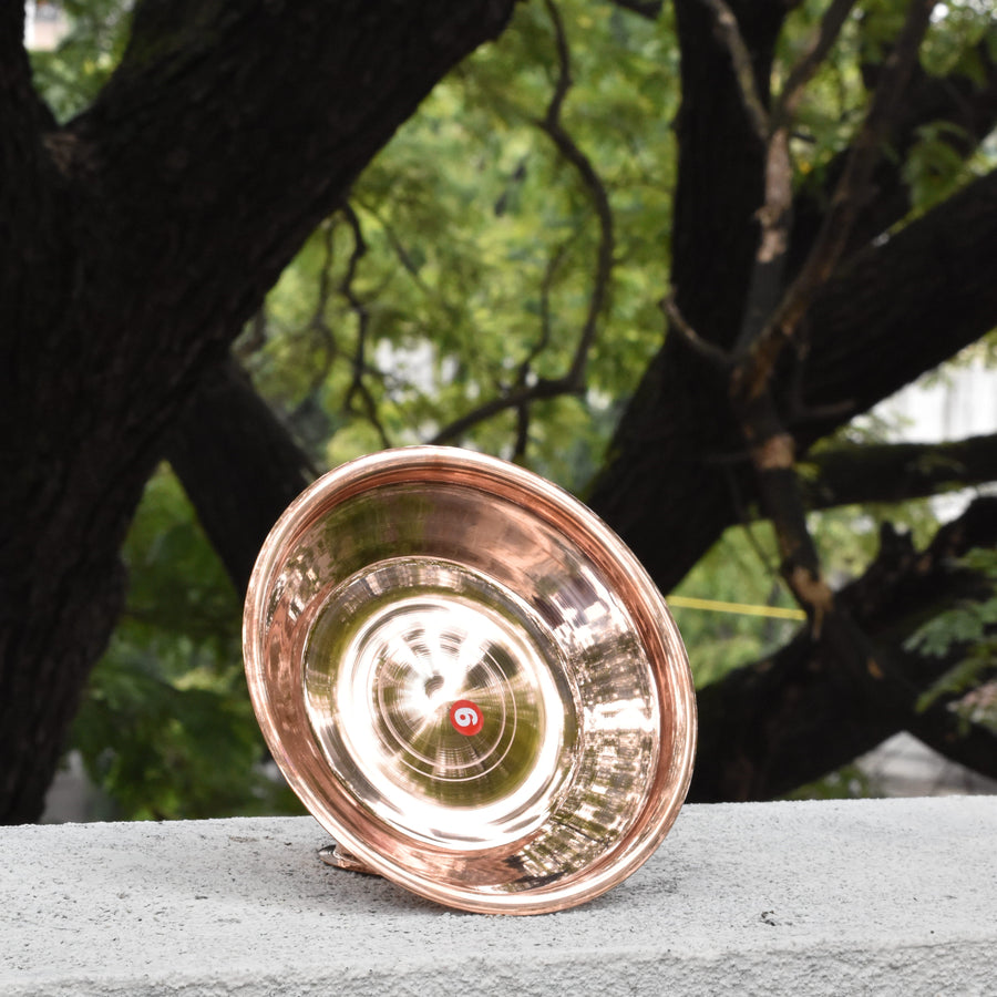 Copper plate with a reflective interior on a stone surface with trees in the background