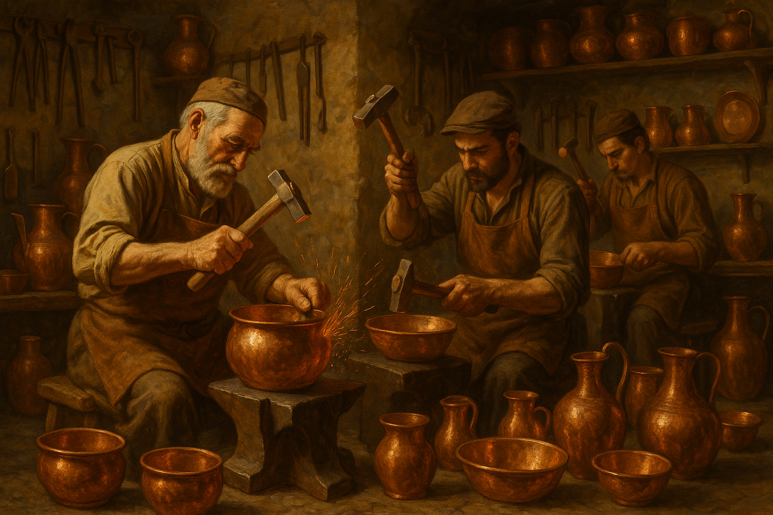 Craftsmen hammering copper utensils 
